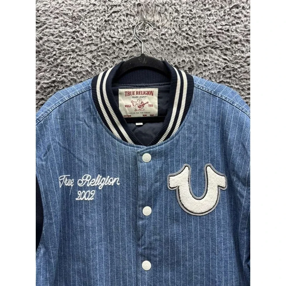 True Religion Jacket Varsity Pinstripe Full Snap Bomber Dress Blue Mens Size XXL